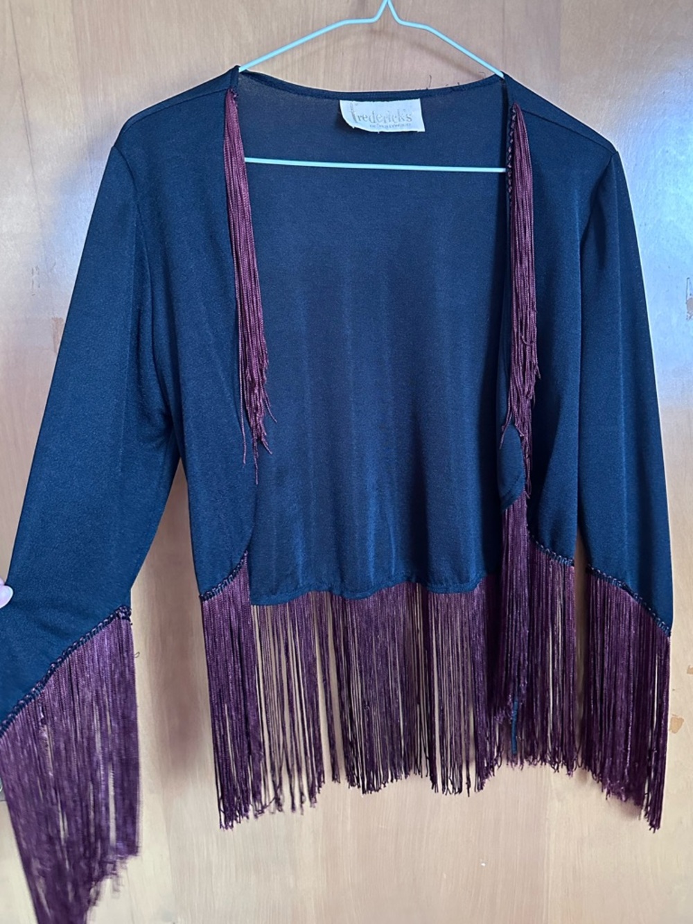Frederick's of Hollywood Black Open-Front Shrug with Burgundy Fringe